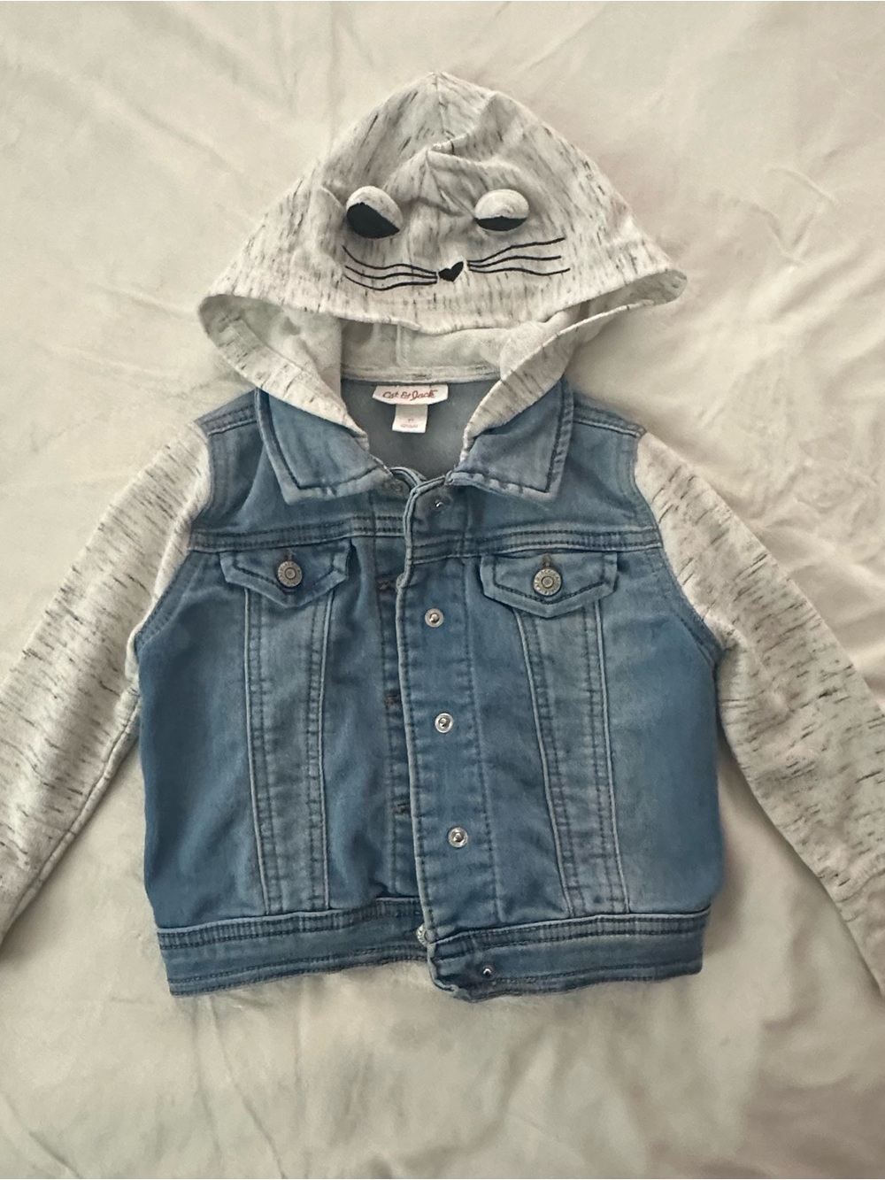 Cat & Jack Light Blue Denim Jacket with Gray Hoodie and Cat Face